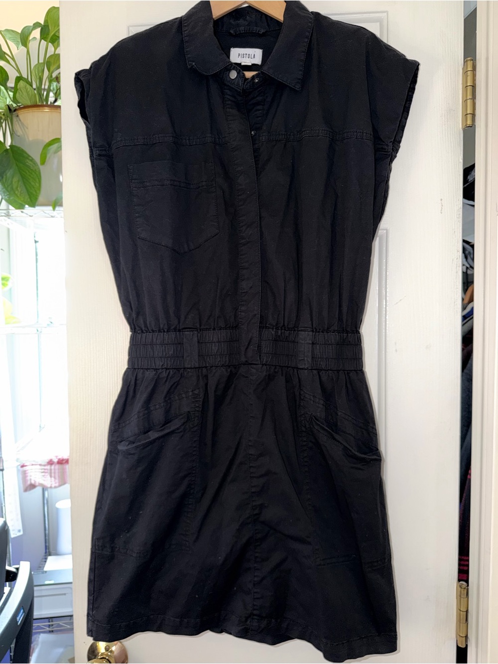 Pistola Rosie Black Utility Mini Dress Smocked Waist Cap Sleeve M